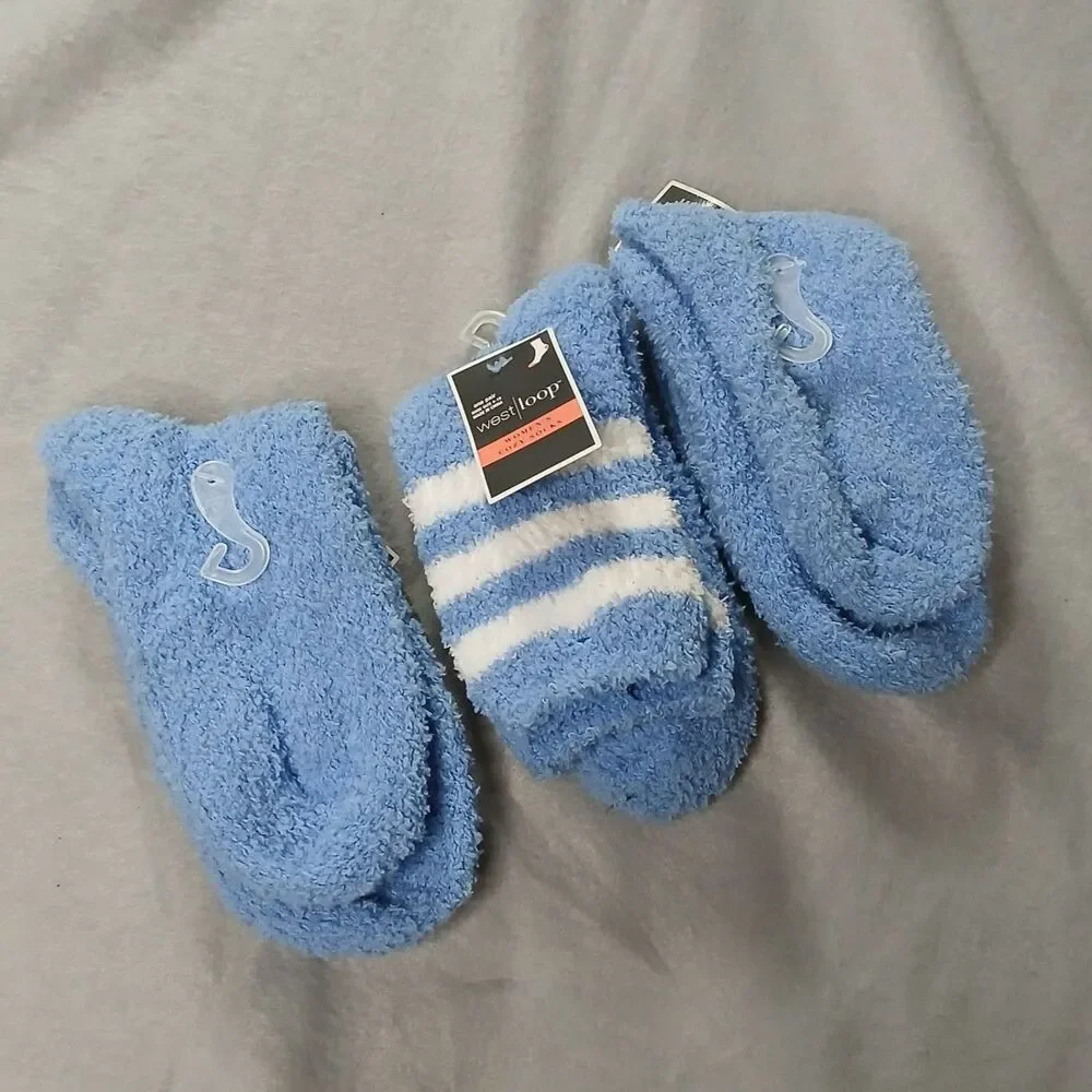 3 pair Westloop Fuzzy Crew Socks Blue White Warm Soft NWT Women's Size: 4-10